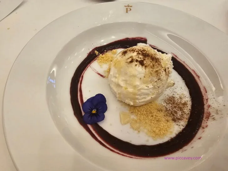 Cherry Sauce and Cheese ice cream at Parador de Trujillo - Typical Extremadura Food in Spain